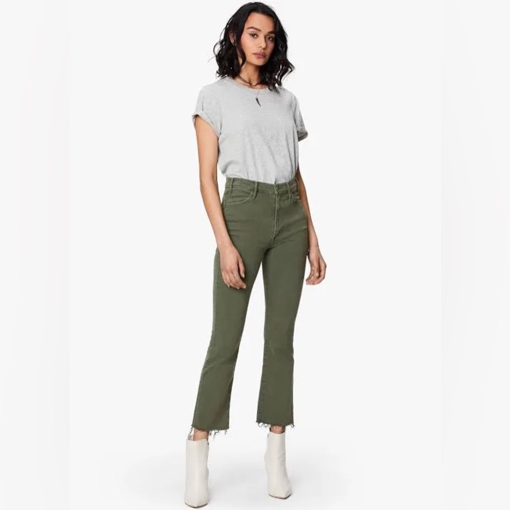 MOTHER Women’s The Hustler Ankle Fray Olive Green 25 High-Rise Raw Hem Flare